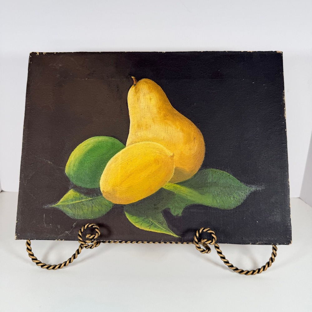 Moody Still Life Oil Painting of pear lemon and lime on a black background VTG